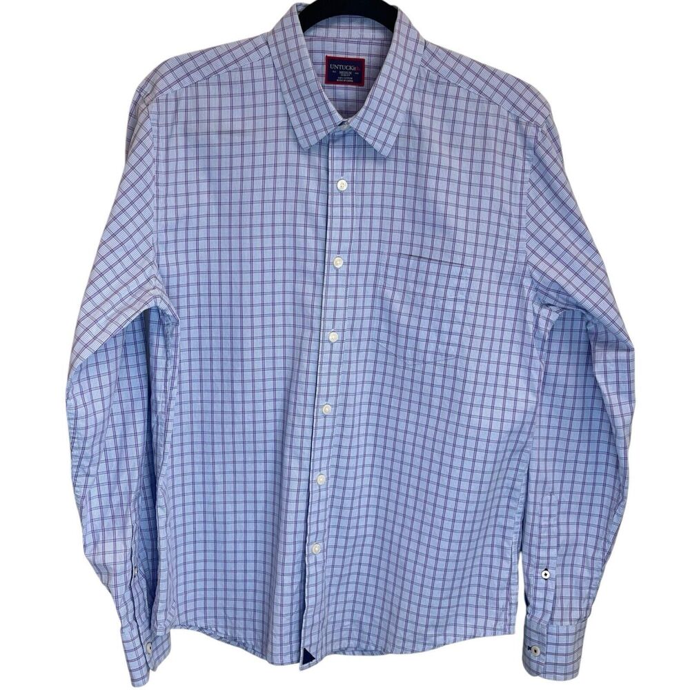 Untuckit Size‎ Medium Slim Fit Button Up Blue Purple Checkered 100% Cotton Shirt